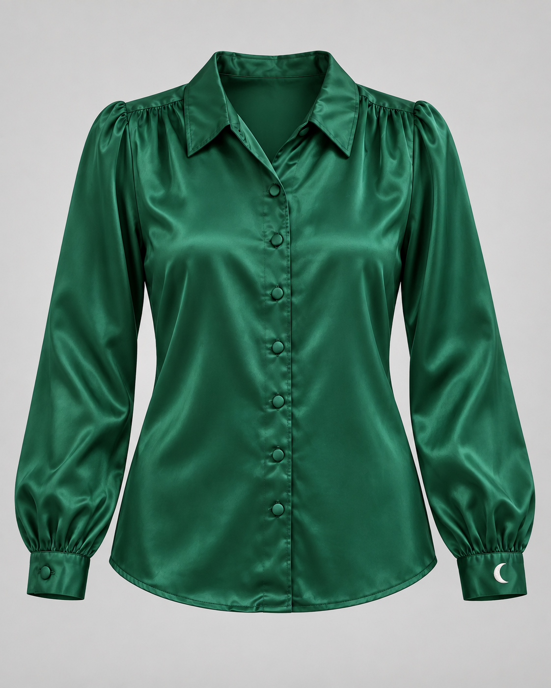 AI-edited ghost-mannequin product image of the same synthetic emerald blouse