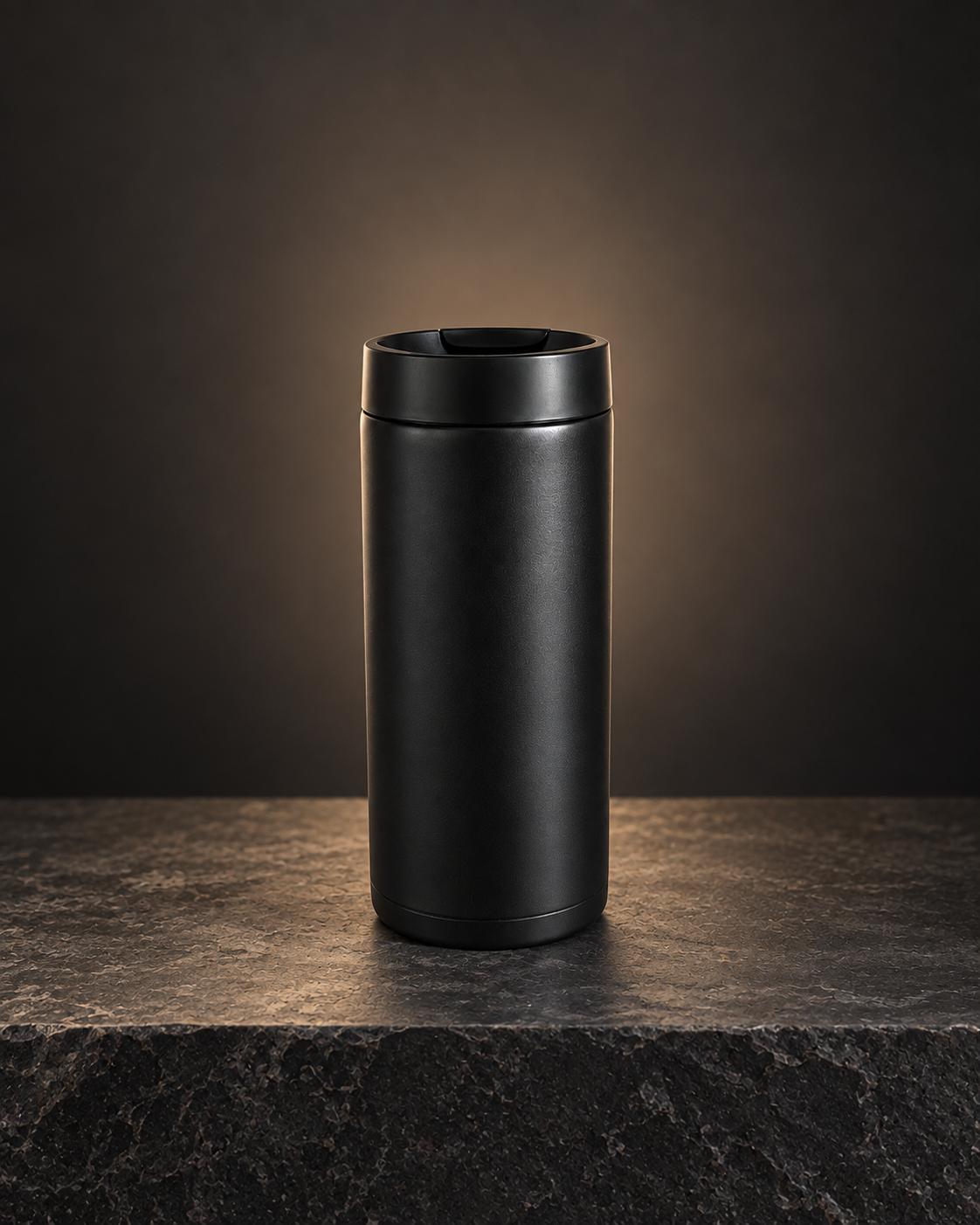 Premium studio hero edit of the same unbranded matte-black travel tumbler